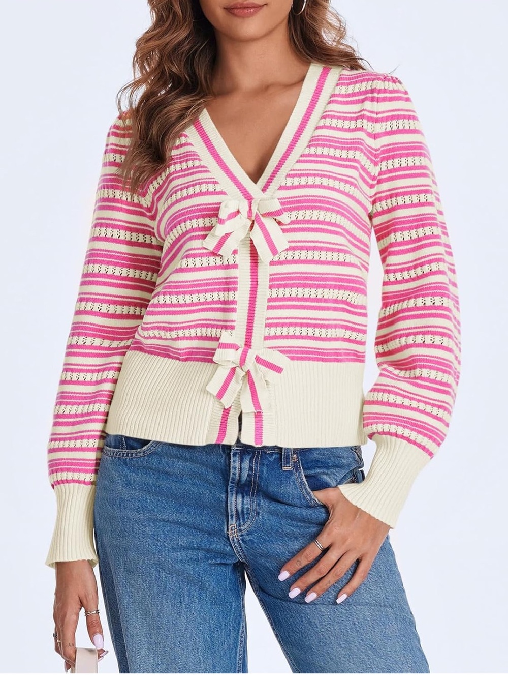 Saodimallsu Cream & Pink Striped V-Neck Tie-Front Sweater